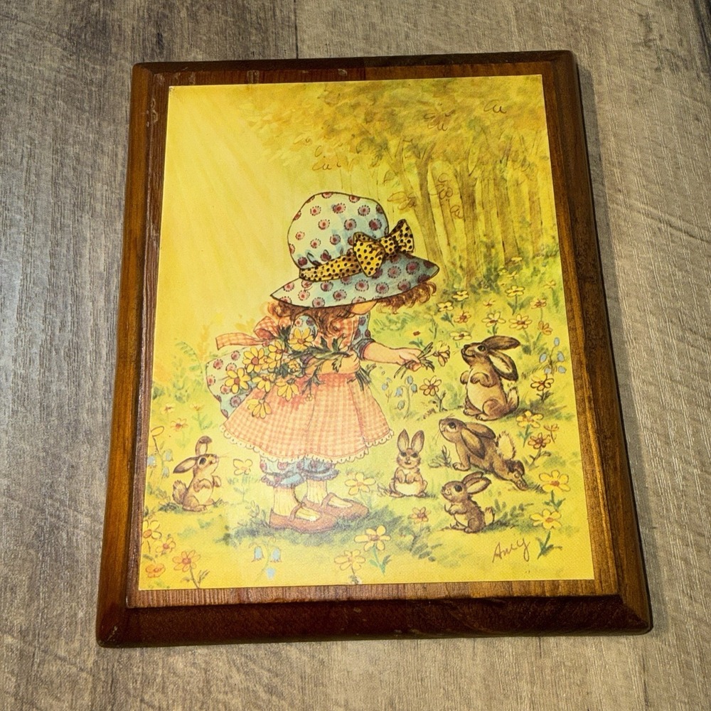 Vintage 1970's Art Print Wood Plaque By Amy For Connector Co Patchwork Girl